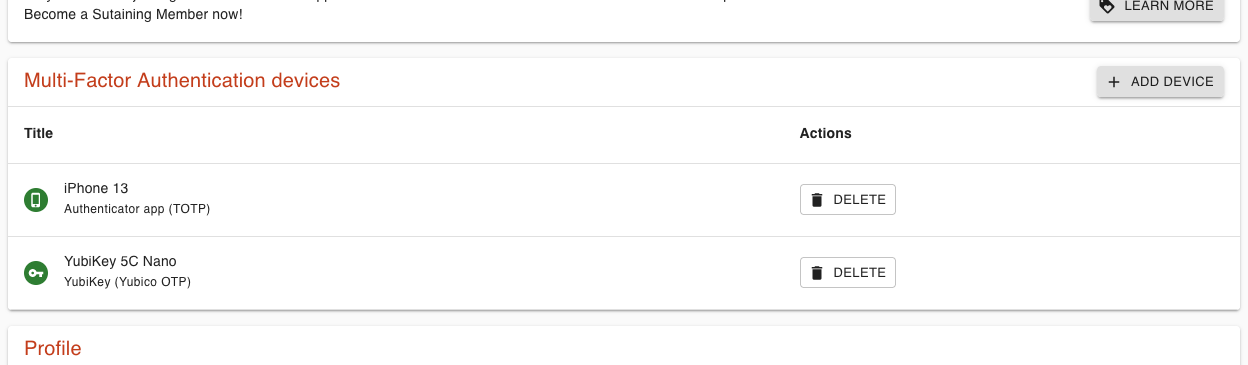 List of MFA devices in the console.