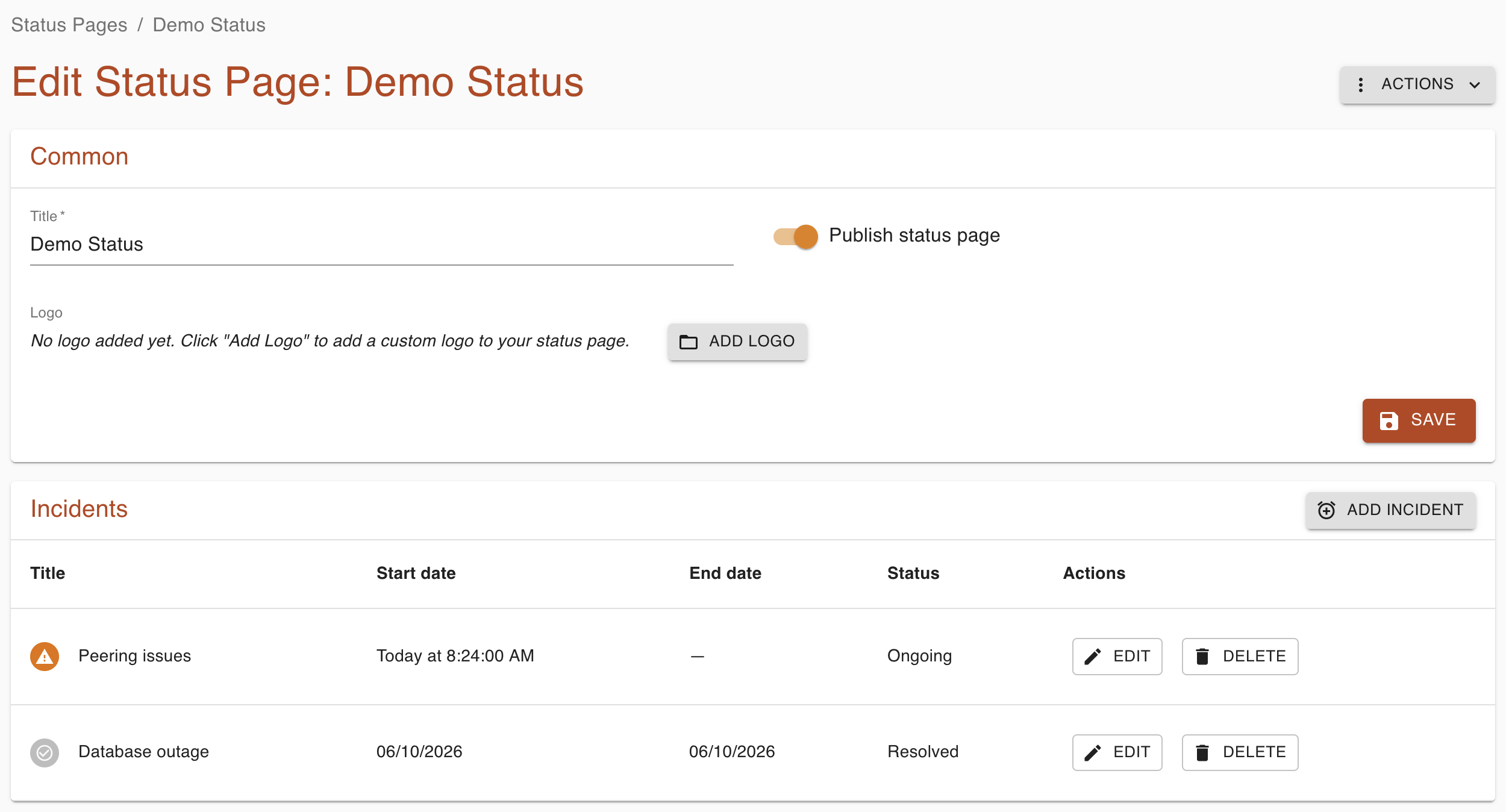 Screenshot of the new incidents manager