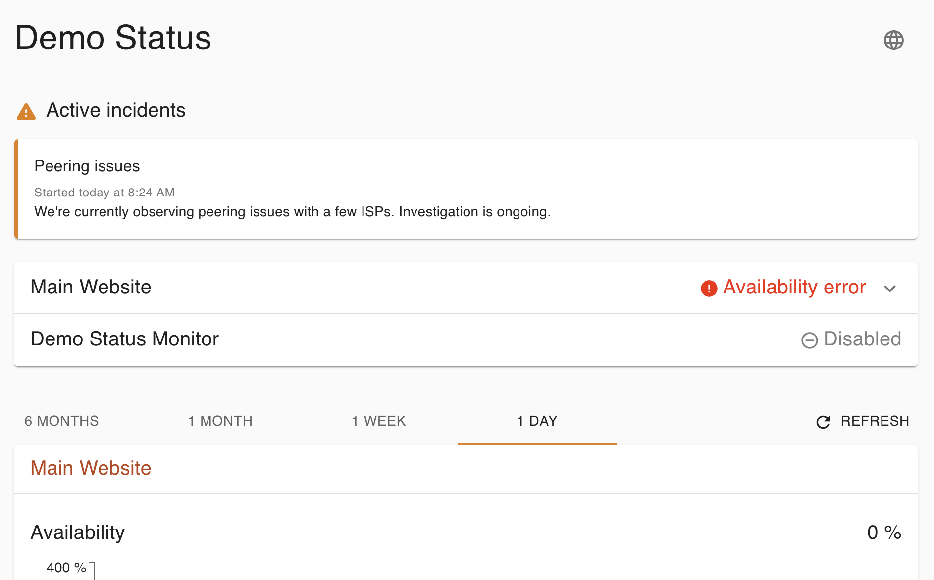Screenshot of exemplary ongoing incidents on a demo status page