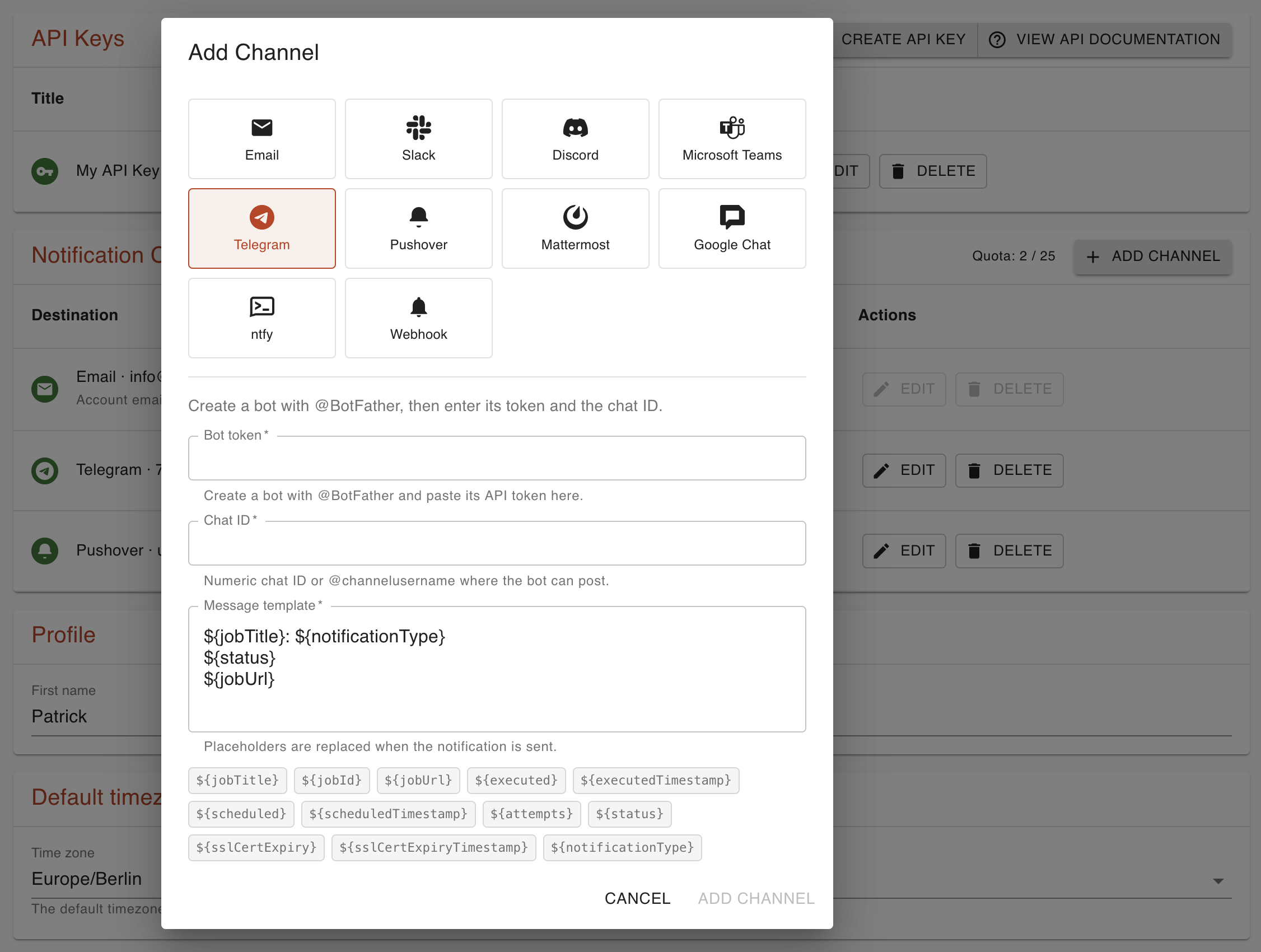 Screenshot of the channel add dialog