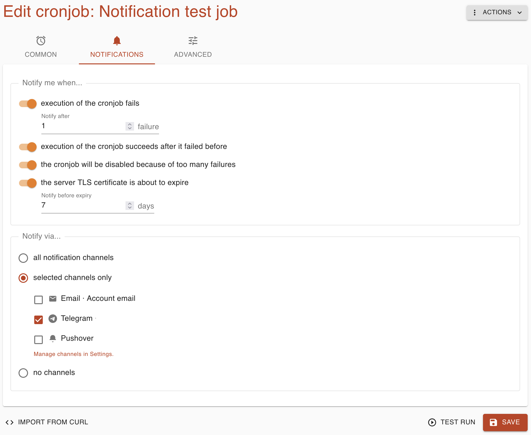 Screenshot of channel selection in the job editor